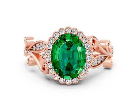 Rose gold Oval Cut Emerald Halo Ring with Vintage Split Shank and Four-Prong Setting