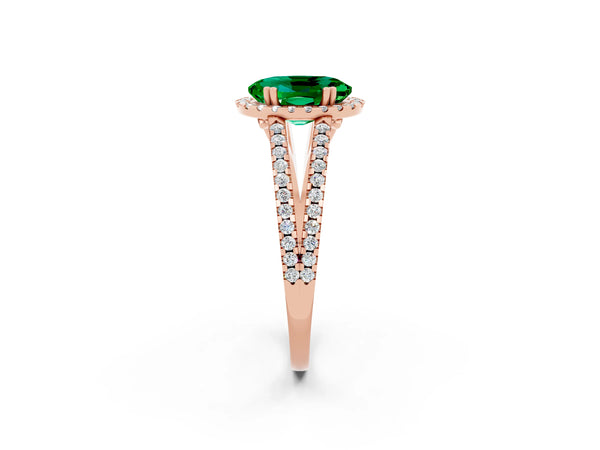 Rose gold Oval Cut Emerald Halo Split Shank Engagement Ring