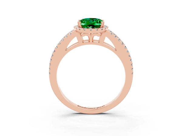 Rose gold Oval Cut Emerald Halo Split Shank Engagement Ring