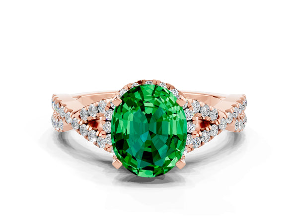 Rose gold Oval Cut Emerald  Halo Twist Band Solitaire Prong Setting Ring