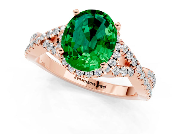Rose gold Oval Cut Emerald  Halo Twist Band Solitaire Prong Setting Ring