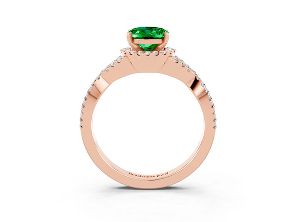 Rose gold Oval Cut Emerald  Halo Twist Band Solitaire Prong Setting Ring