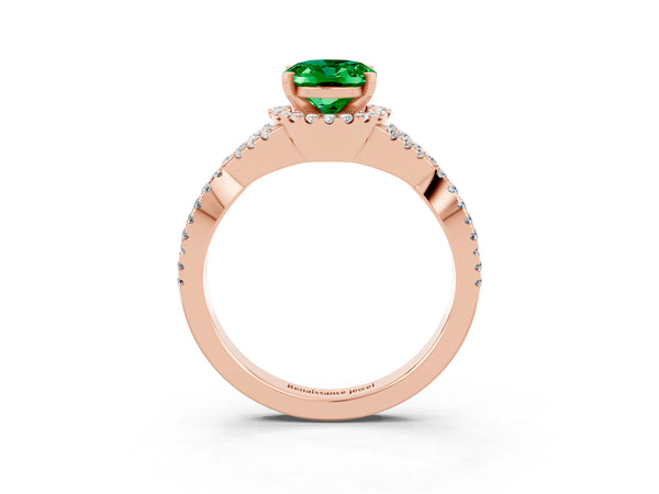 Rose gold Oval Cut Emerald  Halo Twist Band Solitaire Prong Setting Ring