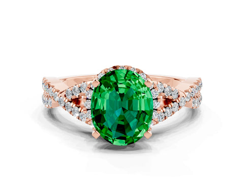 Rose gold Oval Cut Emerald Halo Twist Band Solitaire Prong Setting Ring
