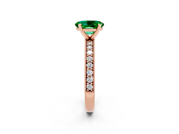 Rose gold Oval Cut Emerald Milgrain Pavé Engagement Ring with Four-Prong Setting