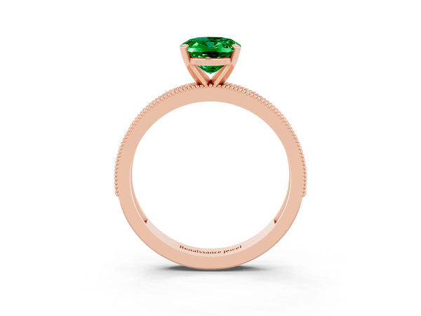 Rose gold Oval Cut Emerald Milgrain Pavé Engagement Ring with Four-Prong Setting
