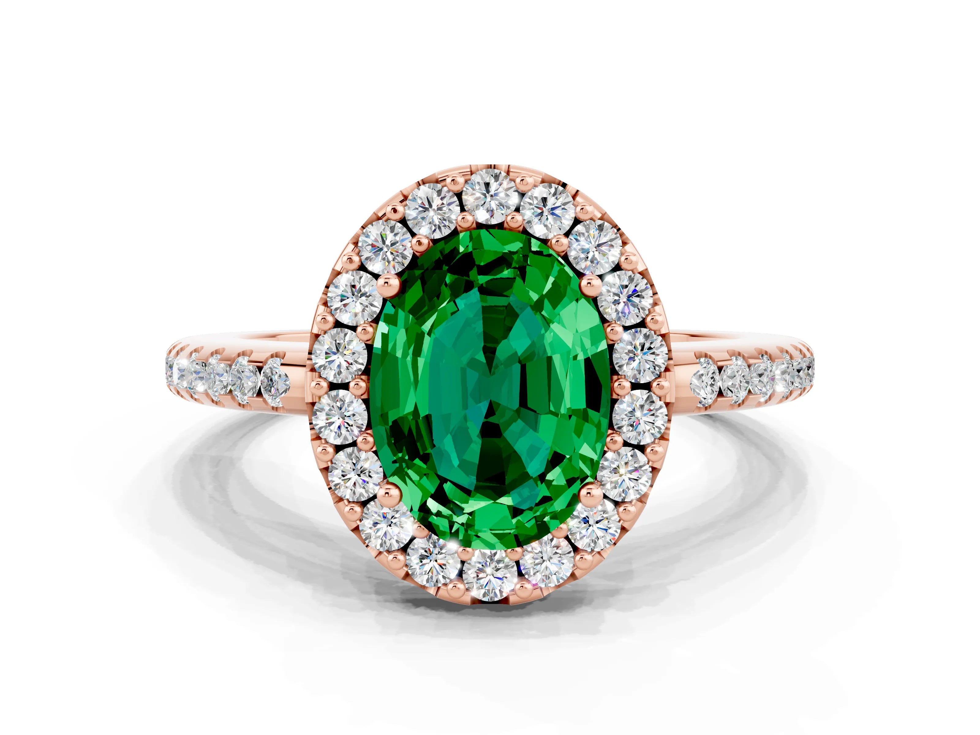 Rose gold Oval Cut Emerald Pavé Halo Ring with Four-Prong Setting_12