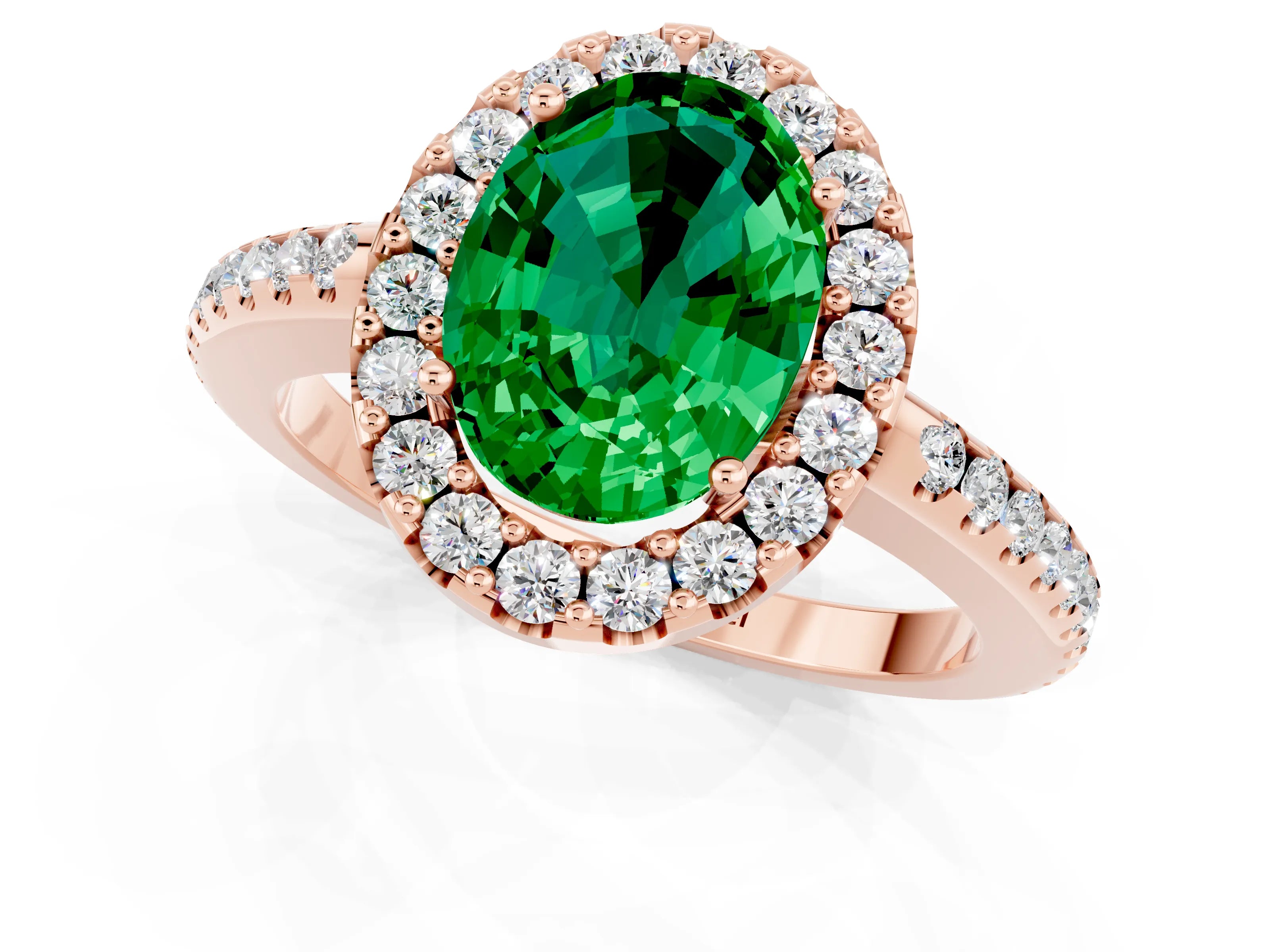 Rose gold Oval Cut Emerald Pavé Halo Ring with Four-Prong Setting_13