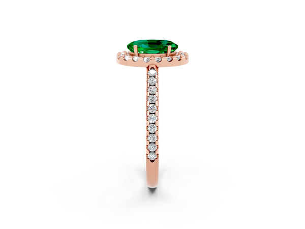 Rose gold Oval Cut Emerald Pavé Halo Ring with Four-Prong Setting
