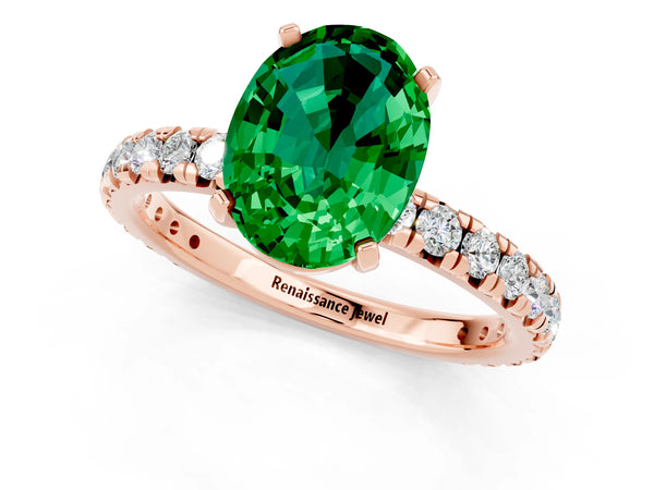 Rose gold Oval Cut Emerald Pavé Solitaire Ring with Round Band and Prong Setting