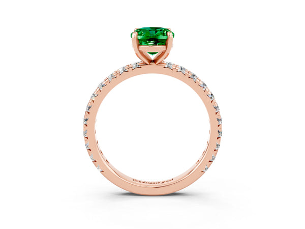 Rose gold Oval Cut Emerald Pavé Solitaire Ring with Round Band and Prong Setting