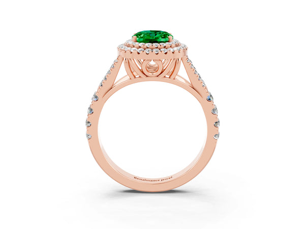 Rose gold Oval Cut Emerald Pavé Split Shank Double Halo Engagement Ring