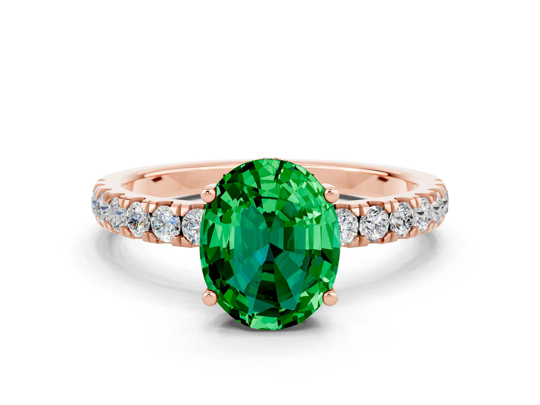 Rose gold Oval Cut Emerald Pave Band Solitaire Ring with Four-Prong Setting_24