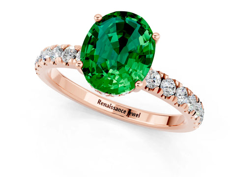 Rose gold Oval Cut Emerald Pave Band Solitaire Ring with Four-Prong Setting_25
