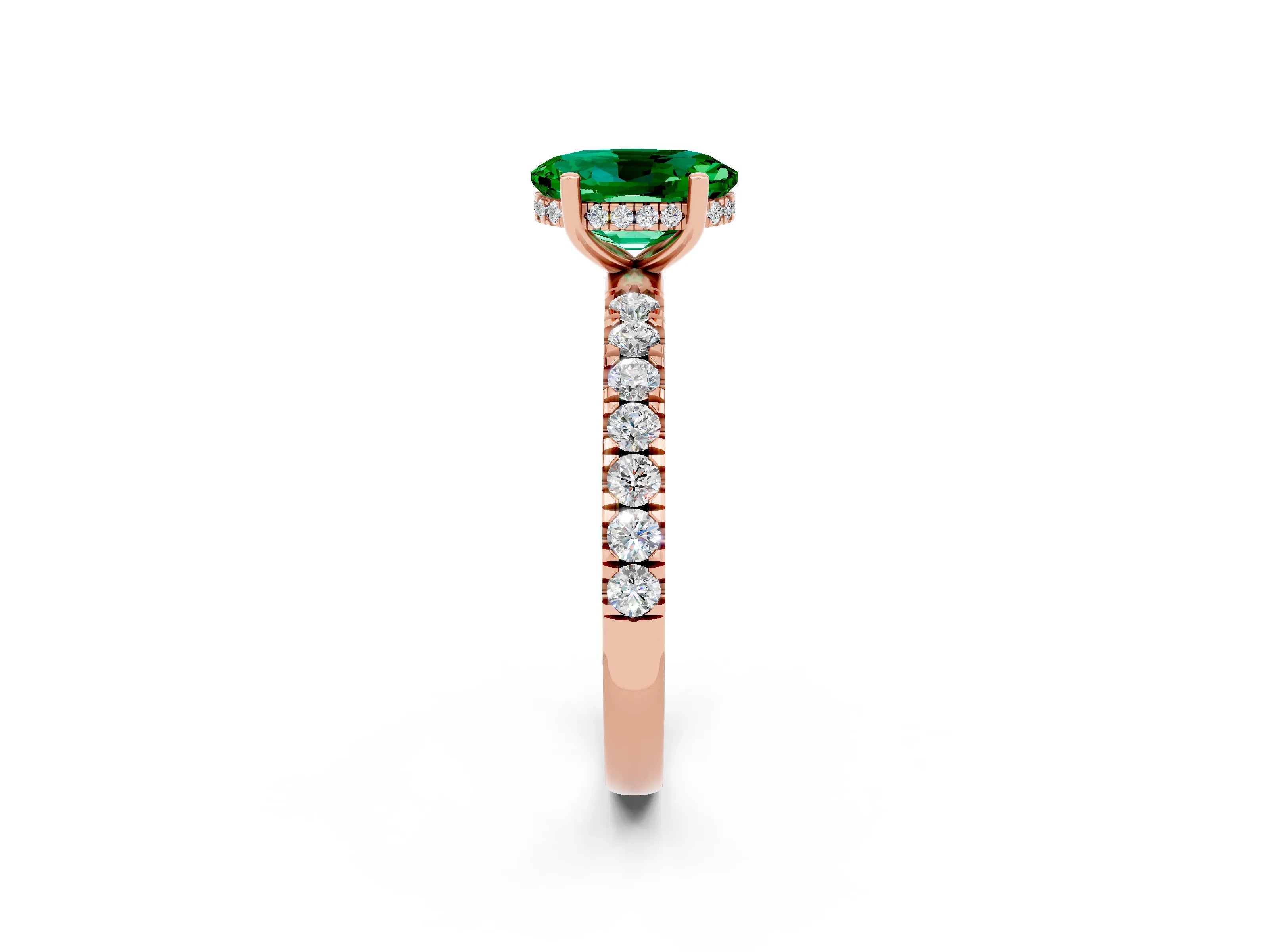 Rose gold Oval Cut Emerald Pave Band Solitaire Ring with Four-Prong Setting_26