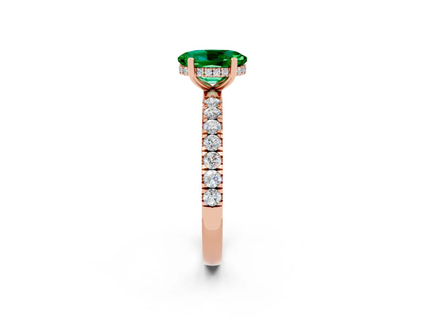 Rose gold Oval Cut Emerald Pave Band Solitaire Ring with Round  and Prong Setting