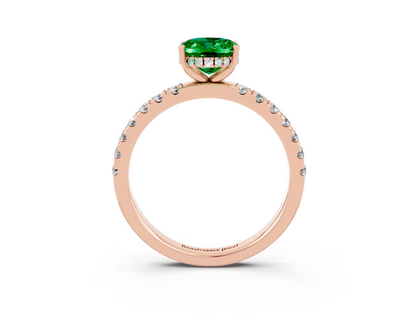 Rose gold Oval Cut Emerald Pave Band Solitaire Ring with Round  and Prong Setting