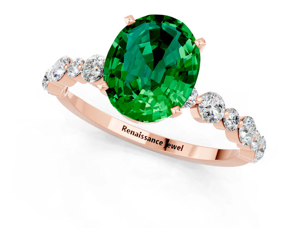 Rose gold Oval Cut Emerald Prong Set Engagement Ring with Pavé Band