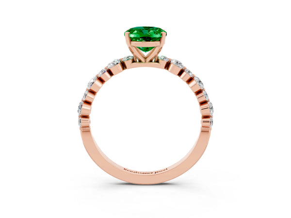 Rose gold Oval Cut Emerald Prong Set Engagement Ring with Pavé Band
