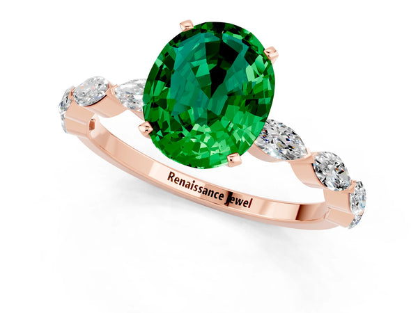 Rose gold Oval Cut Emerald Ring with Marquise Side Stones and Prong Setting