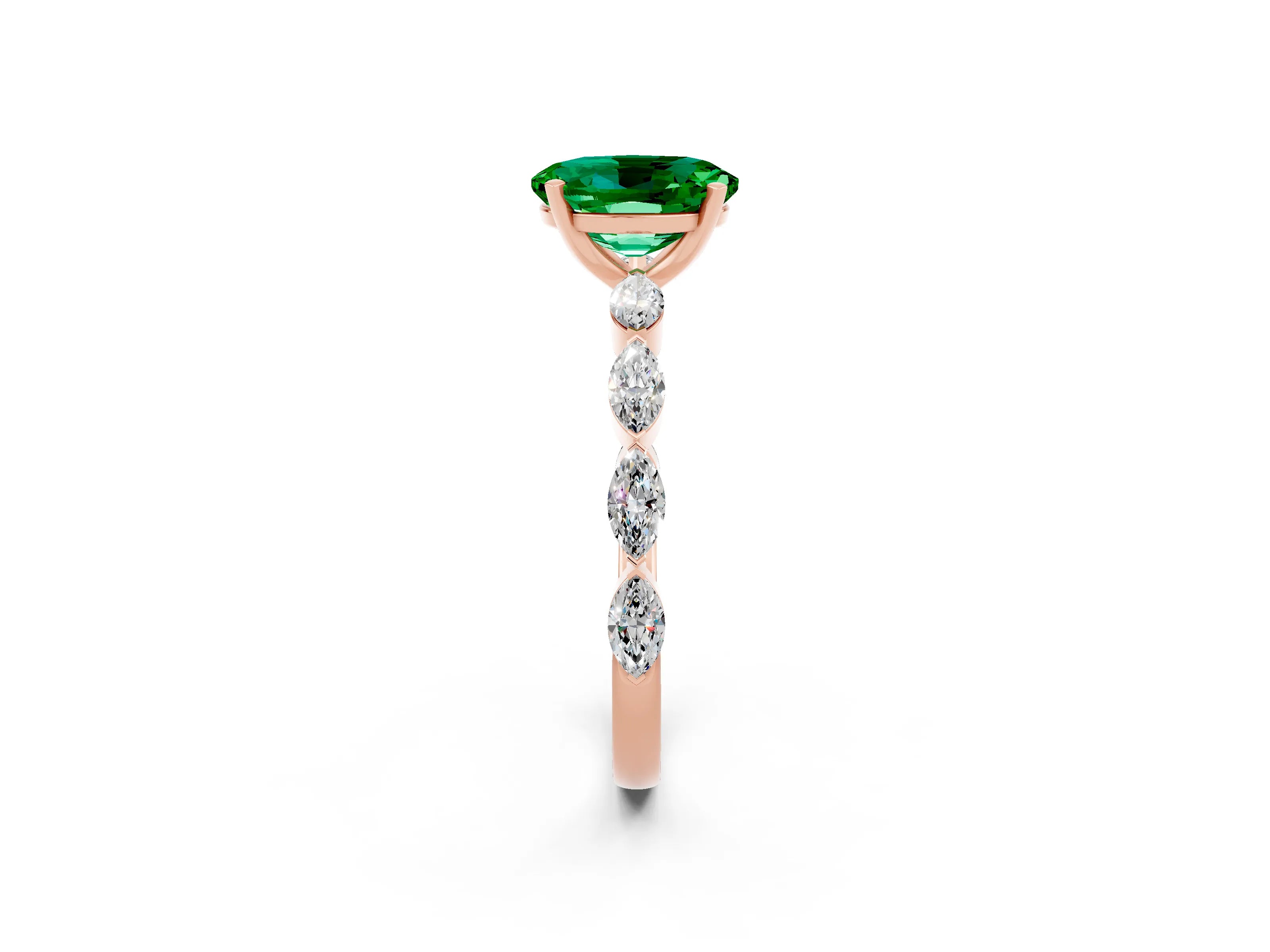 Rose gold Oval Cut Emerald Ring with Marquise Side Stones and Prong Setting_2