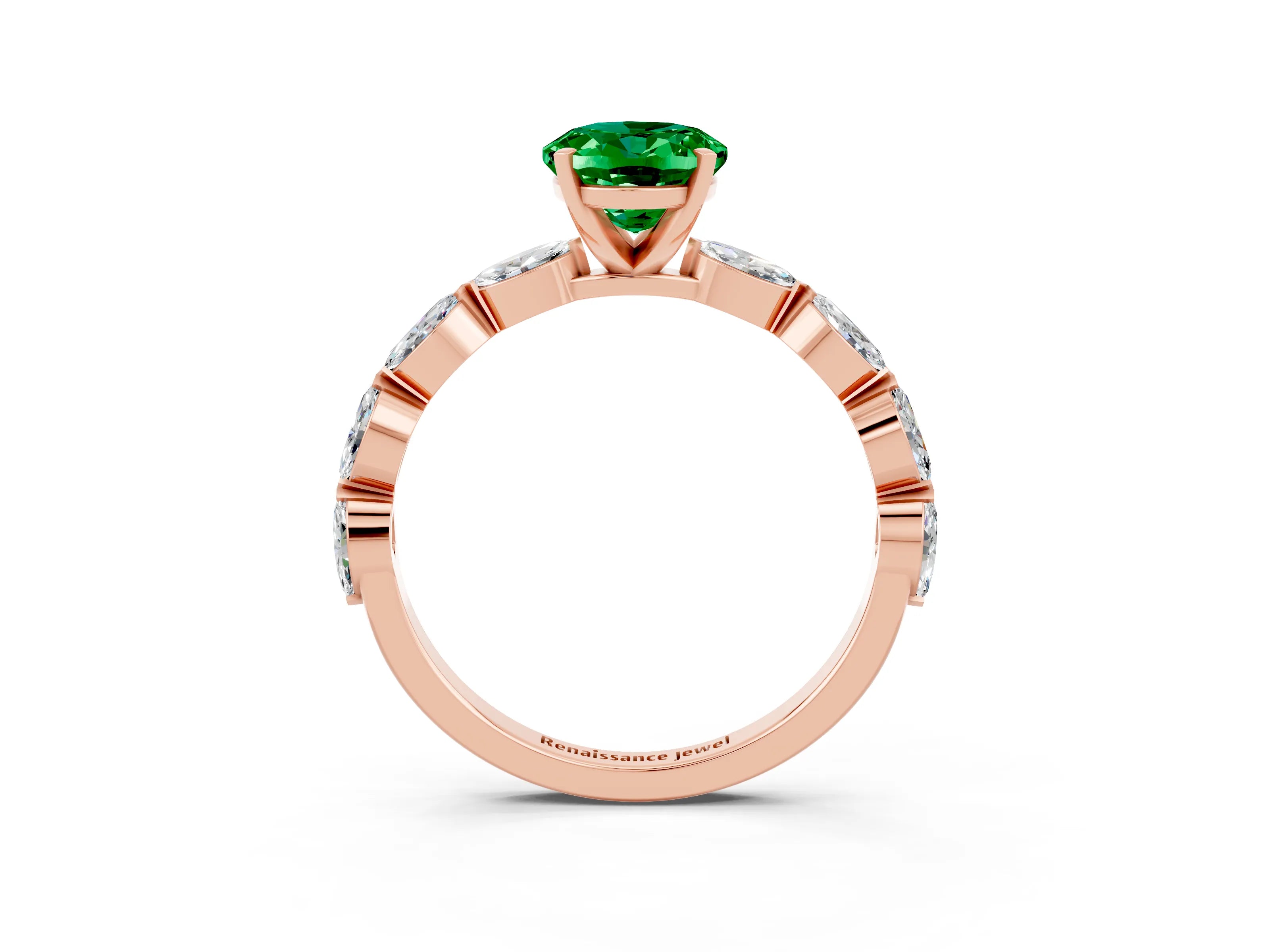 Rose gold Oval Cut Emerald Ring with Marquise Side Stones and Prong Setting_3