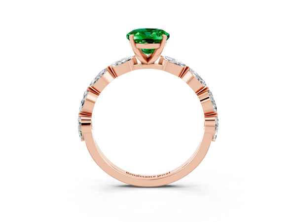 Rose gold Oval Cut Emerald Ring with Marquise Side Stones and Prong Setting