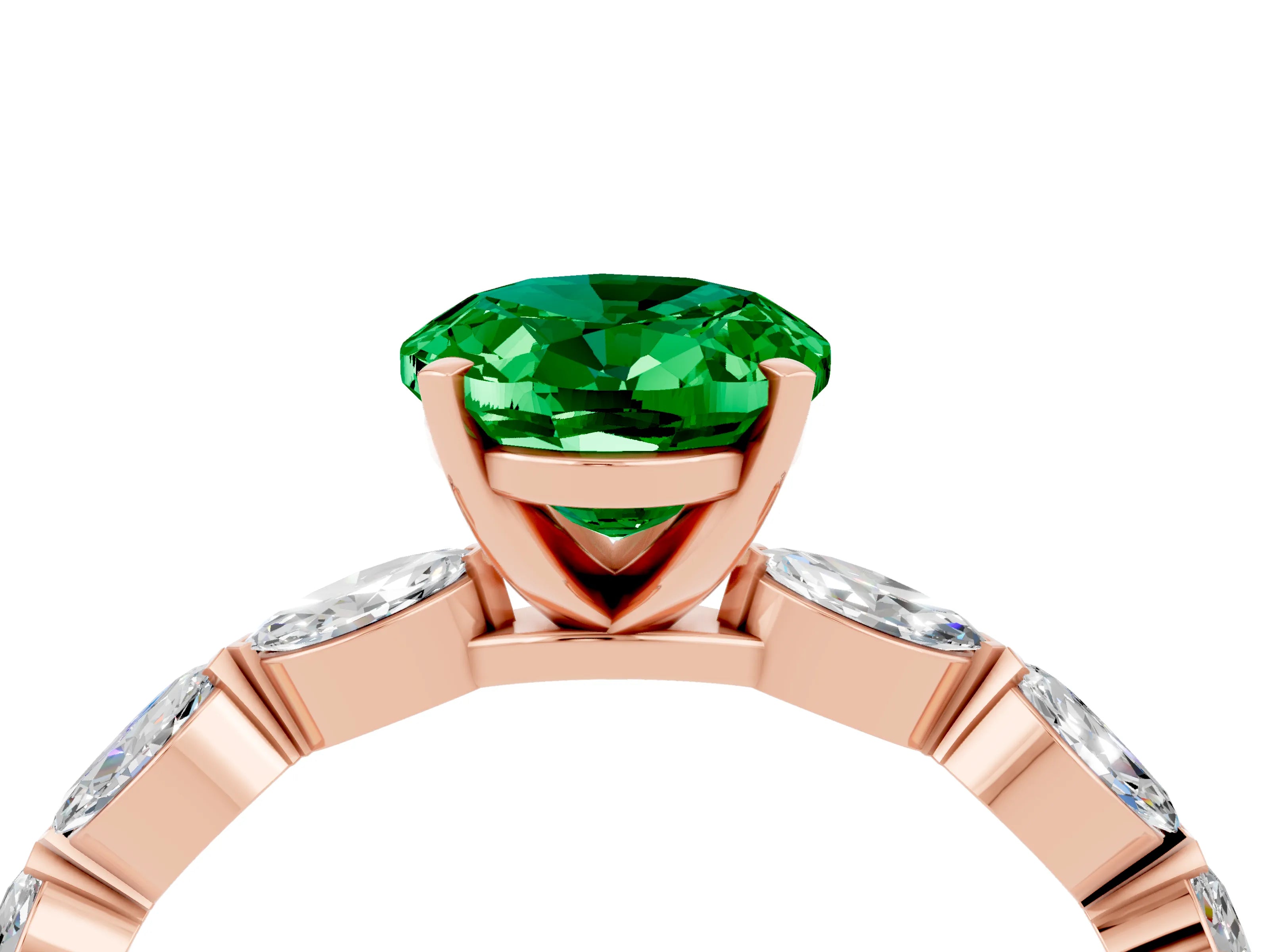Rose gold Oval Cut Emerald Ring with Marquise Side Stones and Prong Setting_4
