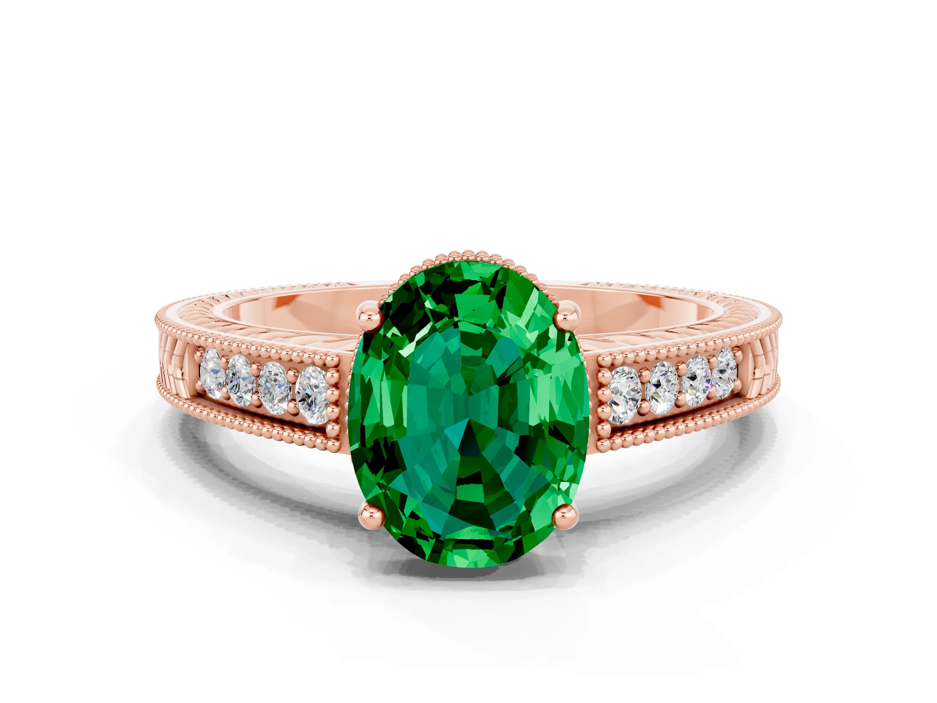 Rose gold Oval Cut Emerald Ring with Milgrain Pavé Band and Four-Prong Setting_12