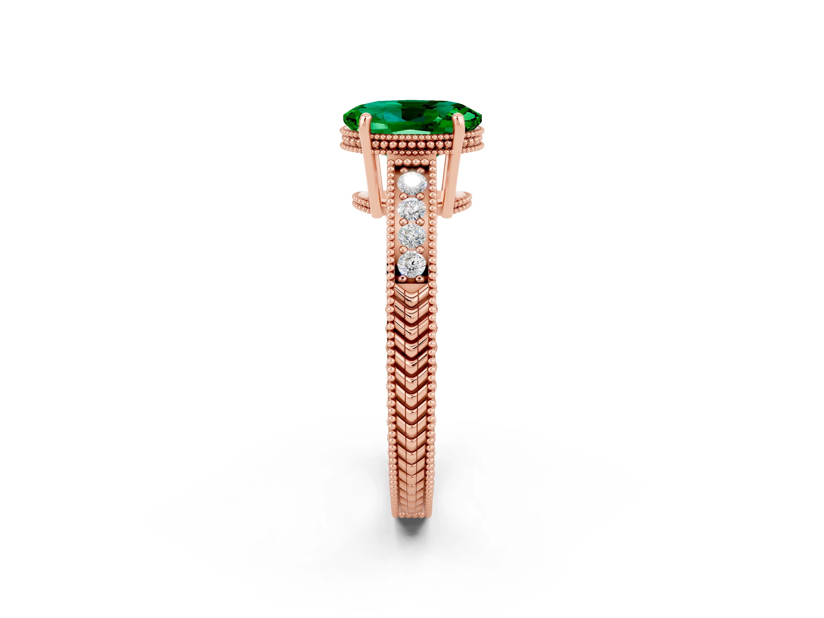Rose gold Oval Cut Emerald Ring with Milgrain Pavé Band and Four-Prong Setting_14