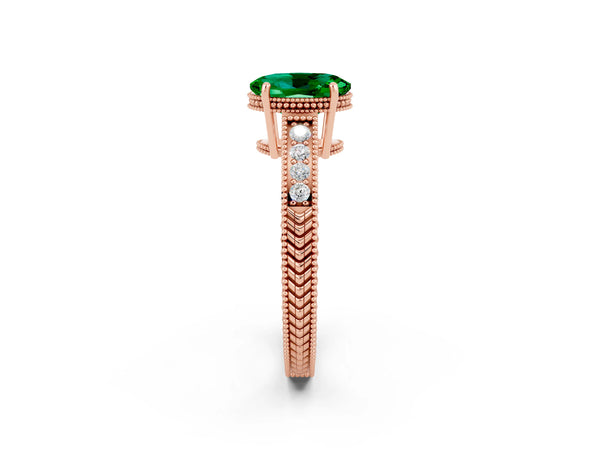 Rose gold Oval Cut Emerald Ring with Milgrain Pavé Band and Four-Prong Setting