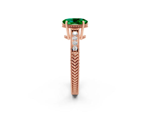 Rose gold Oval Cut Emerald Ring with Milgrain Pavé Band and Four-Prong Setting_14