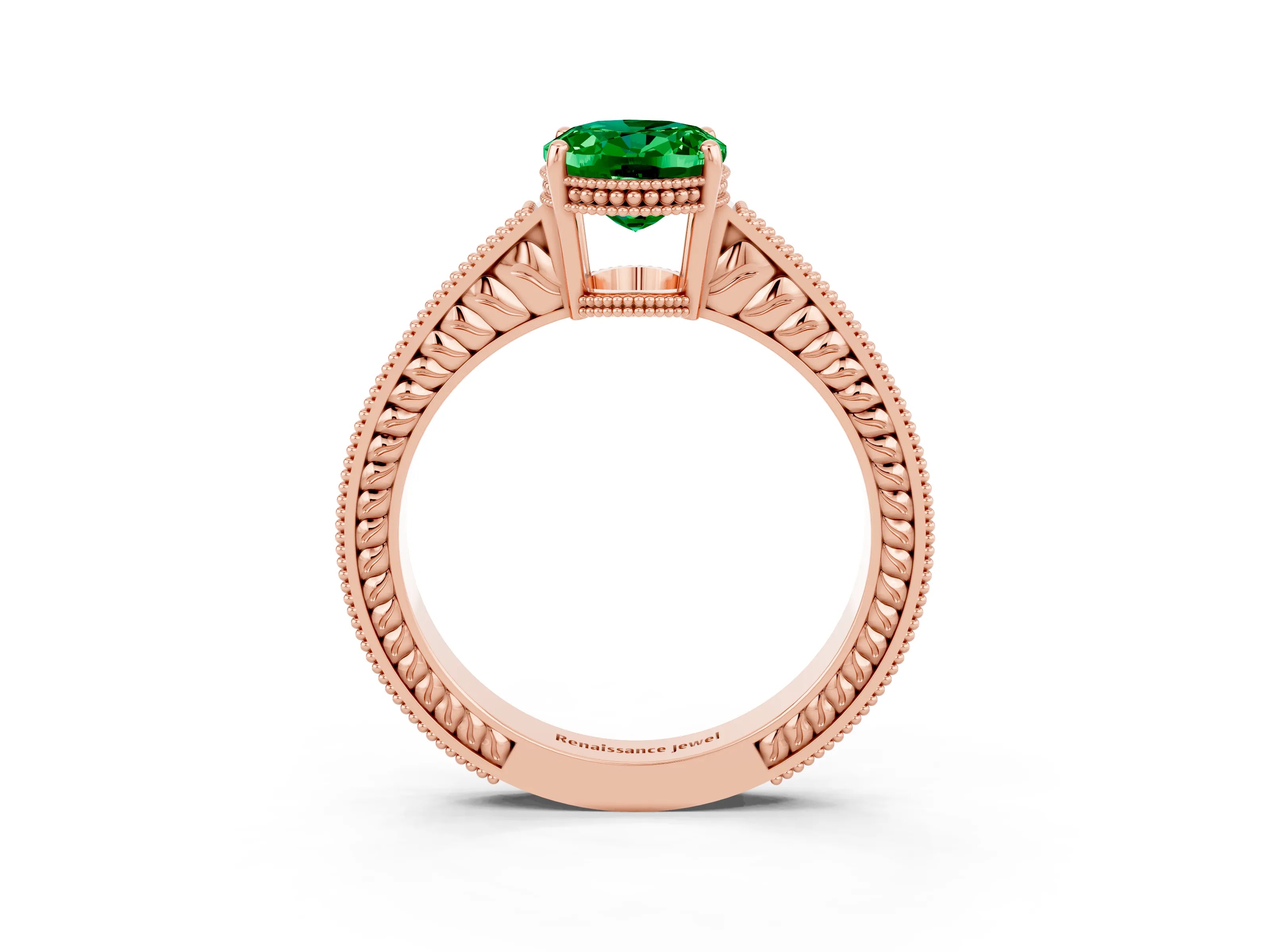 Rose gold Oval Cut Emerald Ring with Milgrain Pavé Band and Four-Prong Setting_15