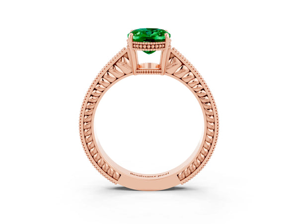 Rose gold Oval Cut Emerald Ring with Milgrain Pavé Band and Four-Prong Setting