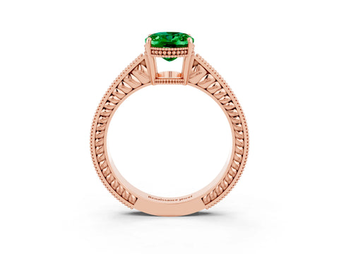 Rose gold Oval Cut Emerald Ring with Milgrain Pavé Band and Four-Prong Setting_15