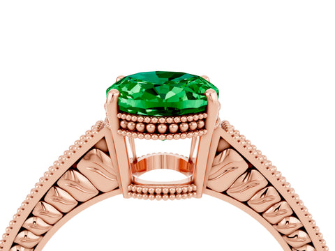 Rose gold Oval Cut Emerald Ring with Milgrain Pavé Band and Four-Prong Setting_16