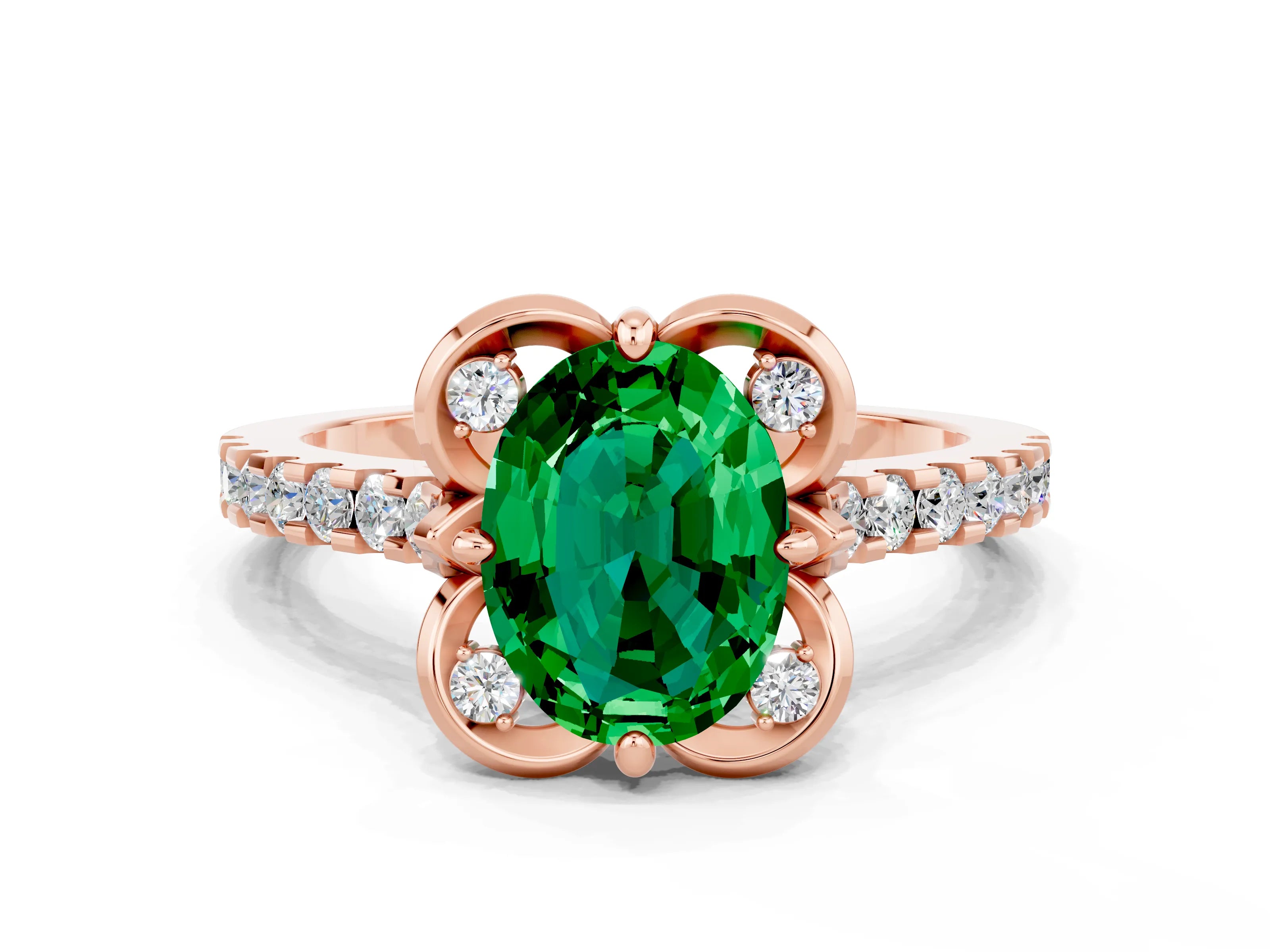 Rose gold Oval Cut Emerald Ring with Pavé Band and Floral Prong Setting