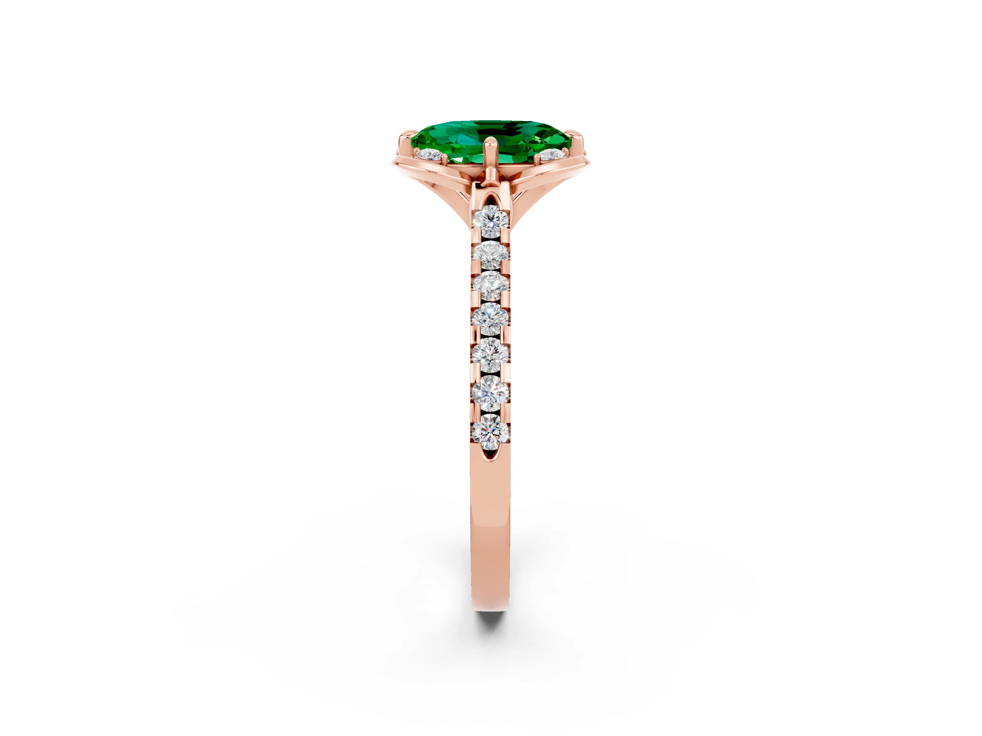 Rose gold Oval Cut Emerald Ring with Pavé Band and Floral Prong Setting_2
