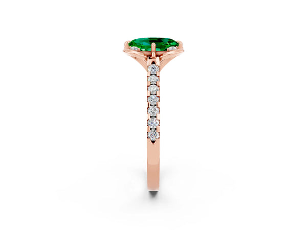 Rose gold Oval Cut Emerald Ring with Pavé Band and Floral Prong Setting