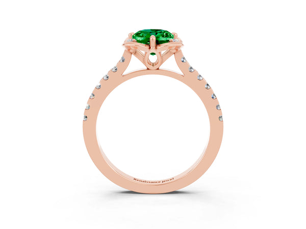 Rose gold Oval Cut Emerald Ring with Pavé Band and Floral Prong Setting