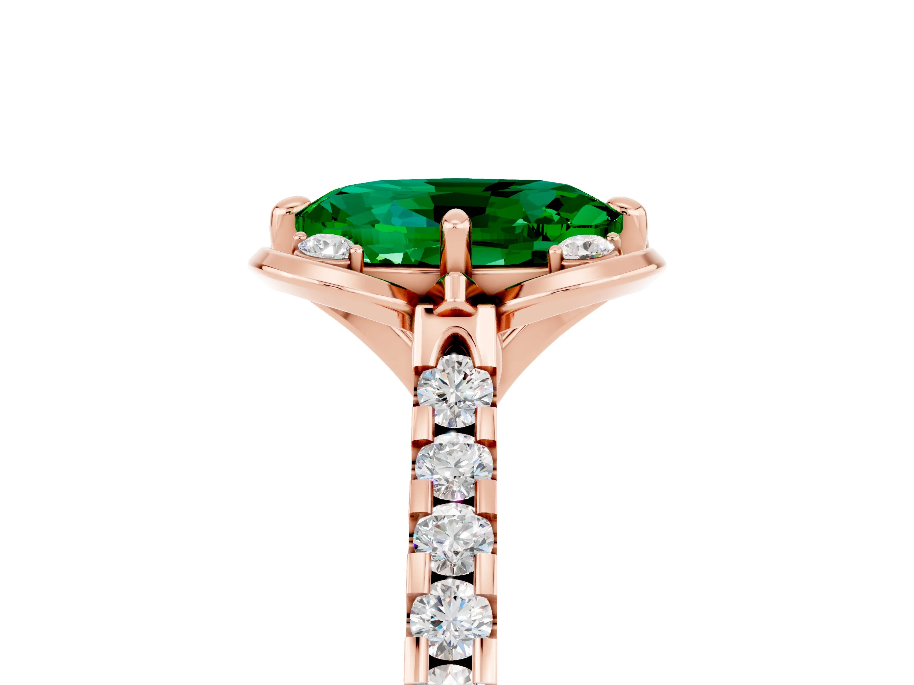 Rose gold Oval Cut Emerald Ring with Pavé Band and Floral Prong Setting_5