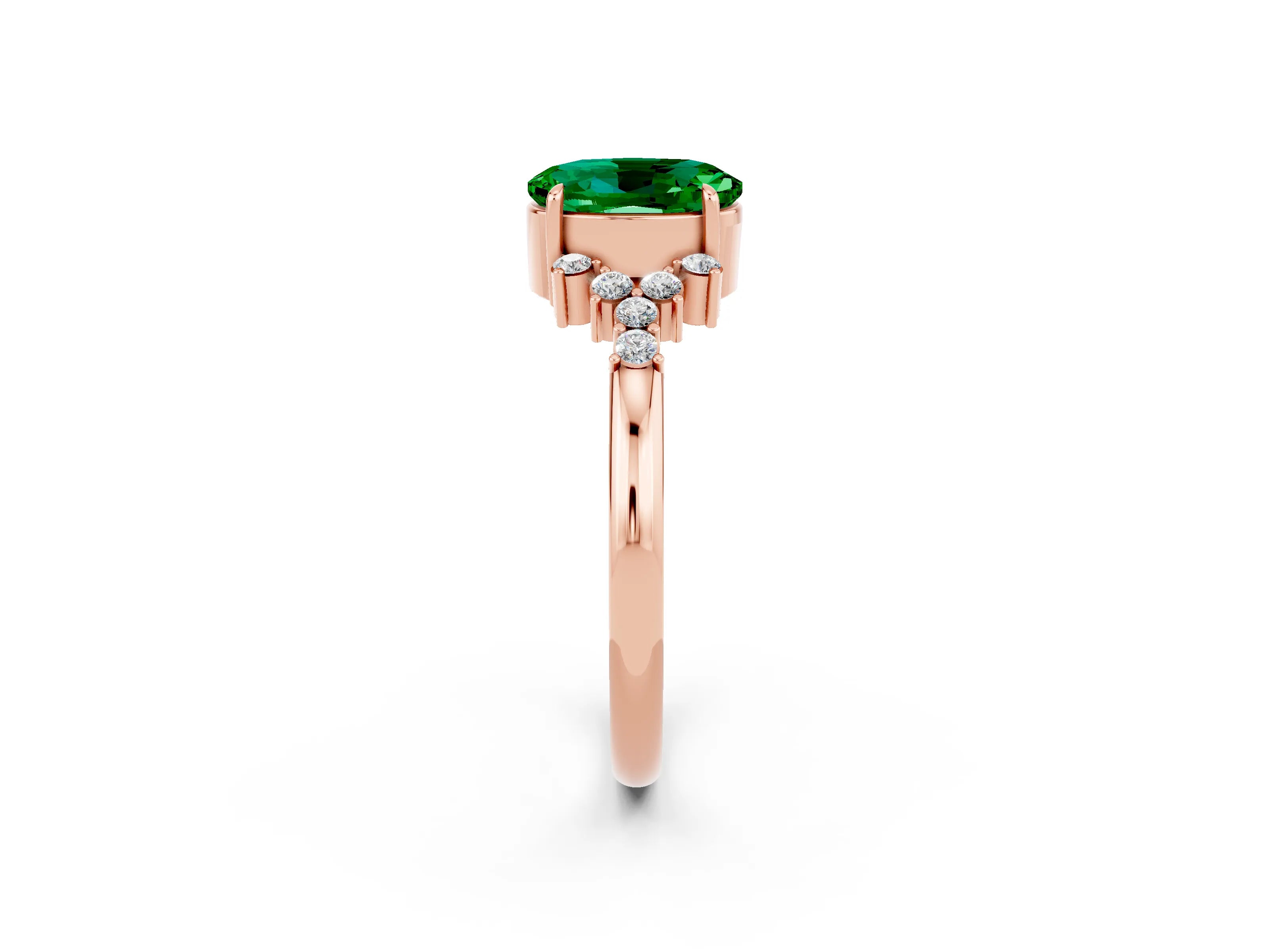 Rose gold Oval Cut Emerald Ring with Side Stones and Four-Prong Setting_74