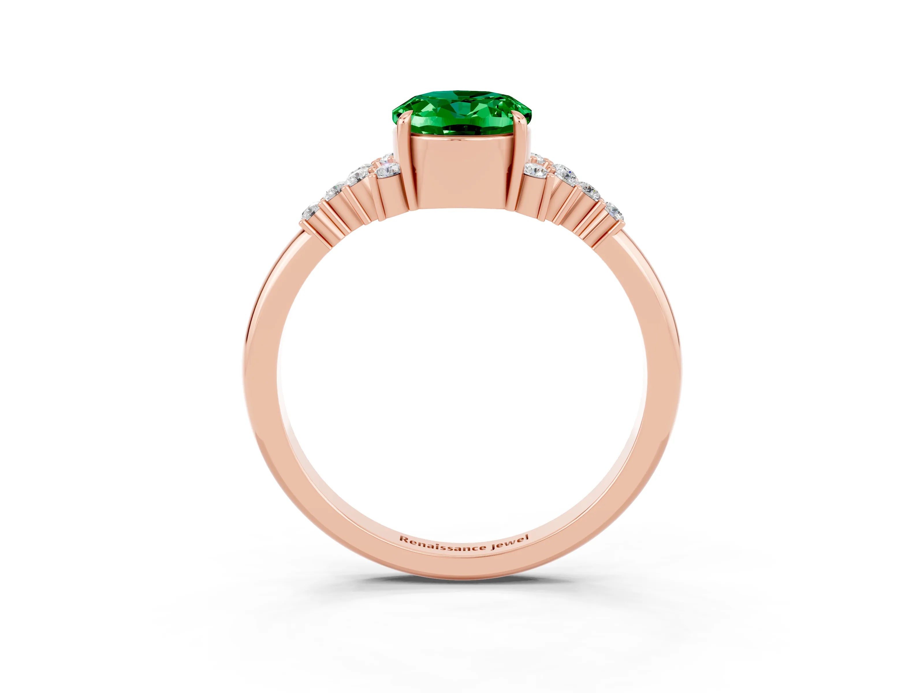 Rose gold Oval Cut Emerald Ring with Side Stones and Four-Prong Setting_75