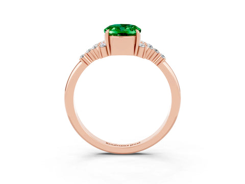 Rose gold Oval Cut Emerald Ring with Side Stones and Four-Prong Setting_75