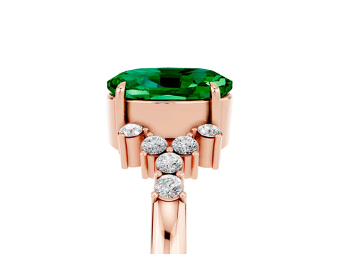 Rose gold Oval Cut Emerald Ring with Side Stones and Four-Prong Setting_77