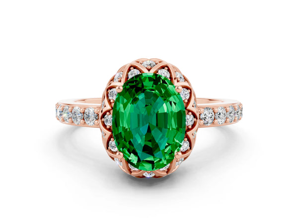 Rose gold Oval Cut Emerald Scalloped Halo Engagement Ring with Round Shared Prong Band