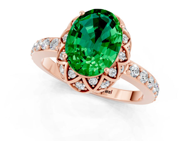 Rose gold Oval Cut Emerald Scalloped Halo Engagement Ring with Round Shared Prong Band