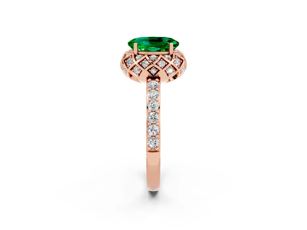 Rose gold Oval Cut Emerald Scalloped Halo Engagement Ring with Round Shared Prong Band