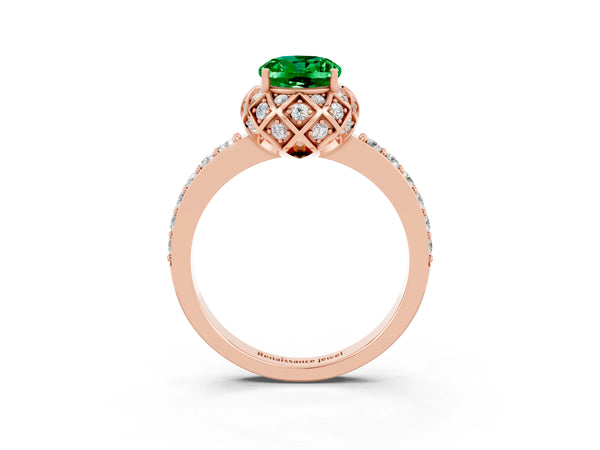Rose gold Oval Cut Emerald Scalloped Halo Engagement Ring with Round Shared Prong Band