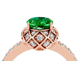 Rose gold Oval Cut Emerald Scalloped Halo Engagement Ring with Round Shared Prong Band_16